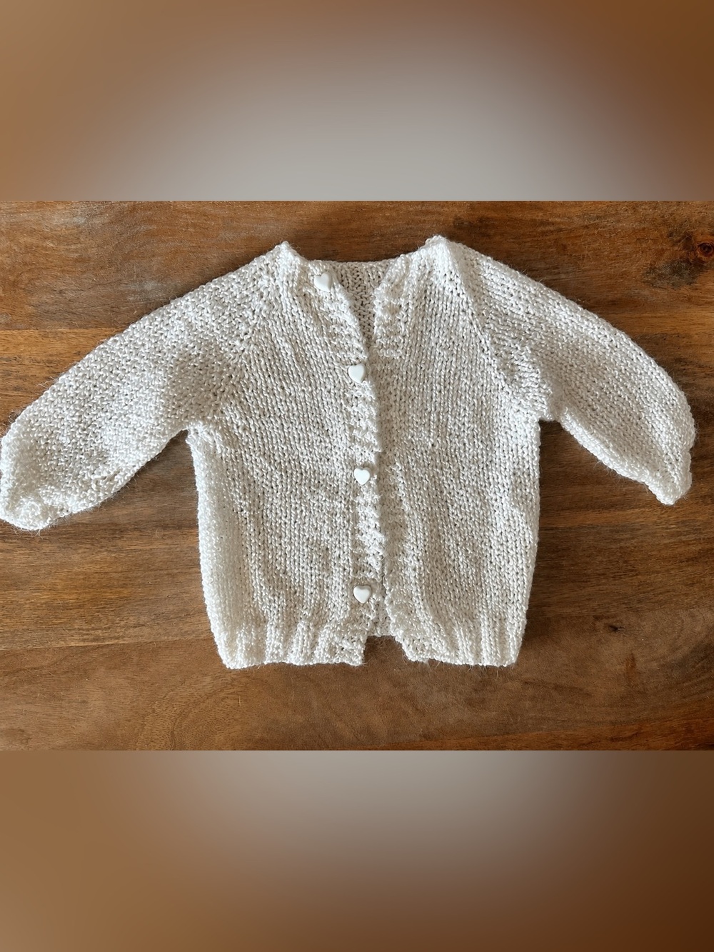 Handmade Ivory Shimmer Knit Baby Cardigan Heart Buttons Delicate Light Sweater